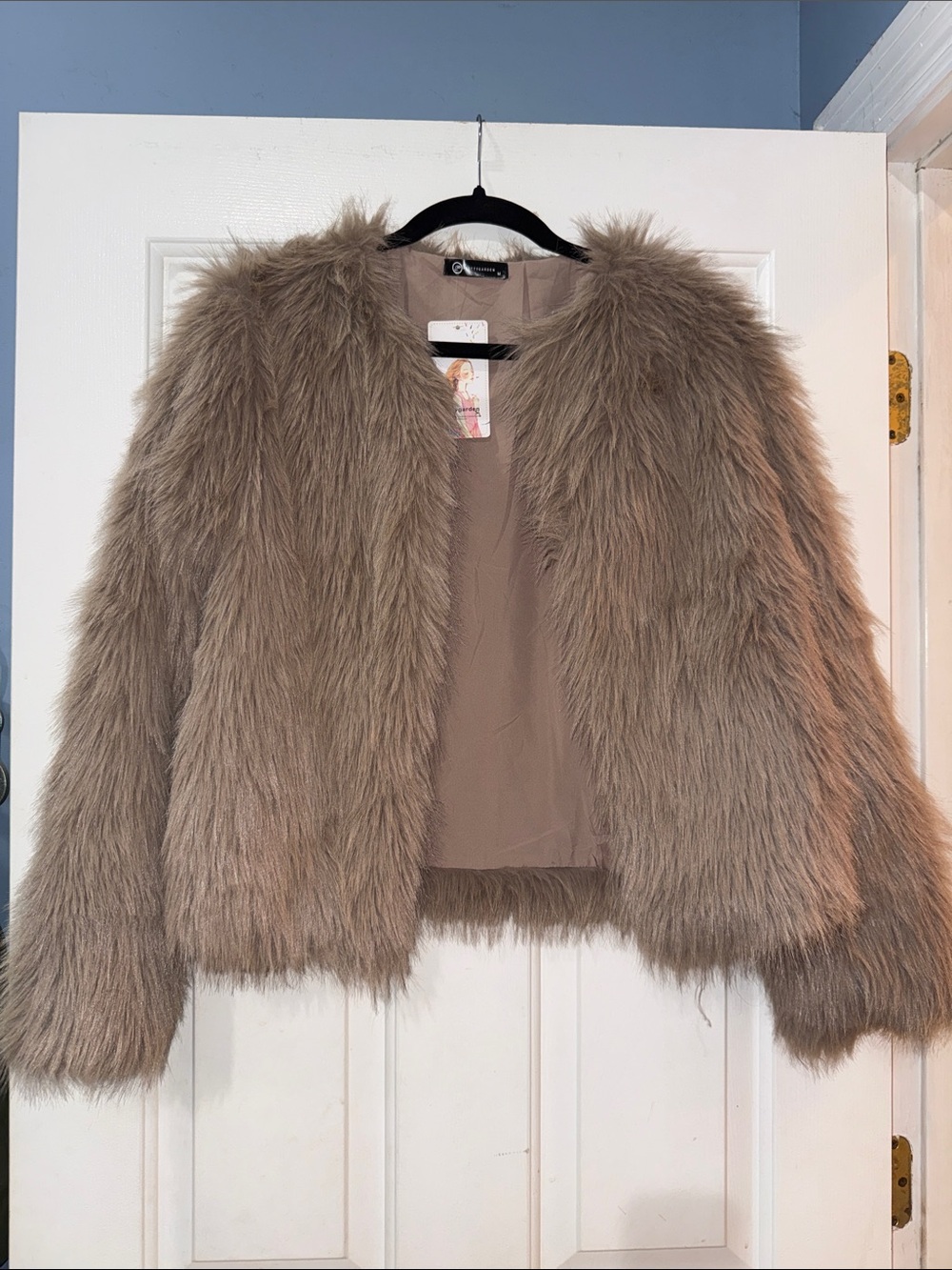Women's Taupe Faux Fur Jacket - Plush Open-Front Coat